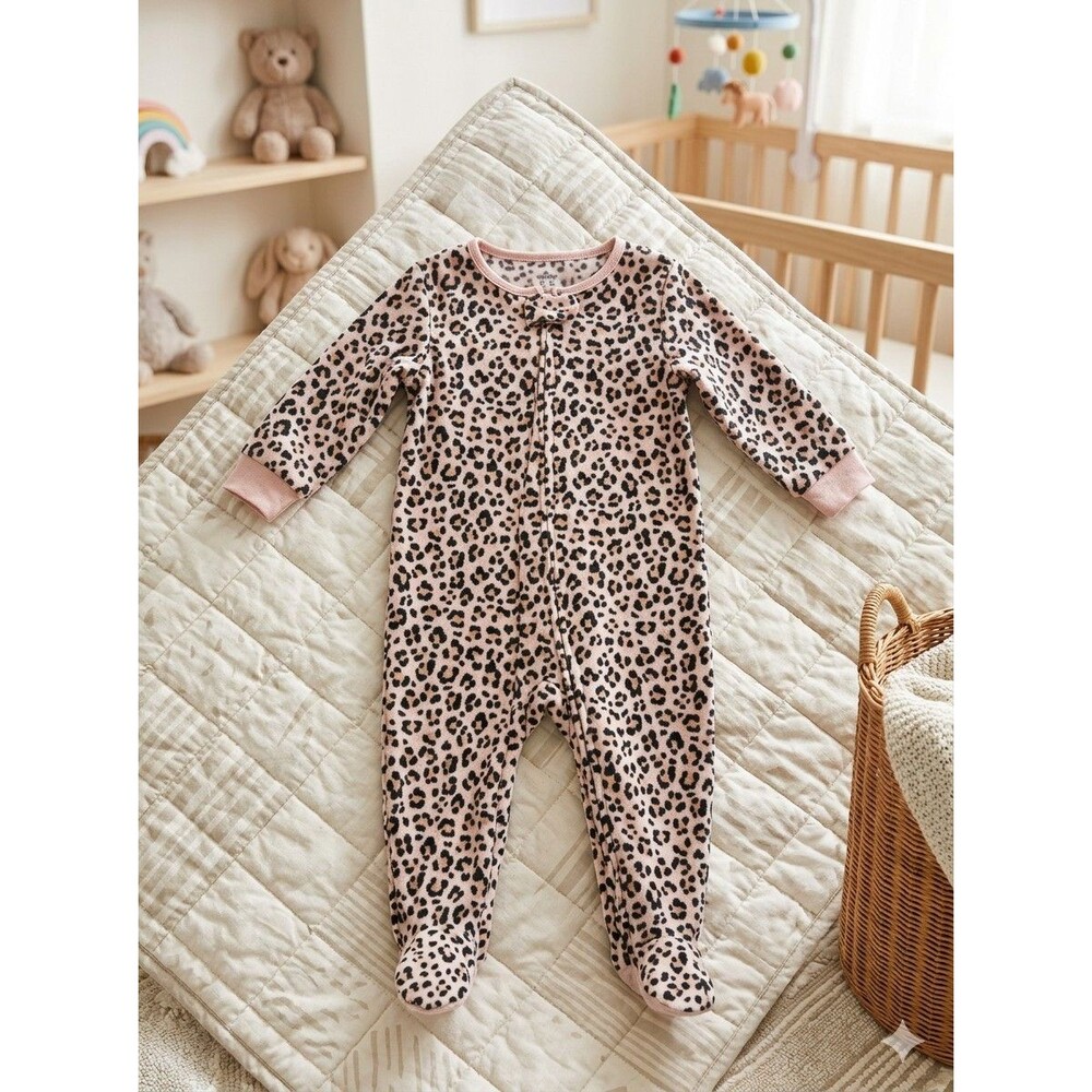 Baby Girl Leopard Print Footed Sleeper Pajama Pink Trim Full Zip 18 Months